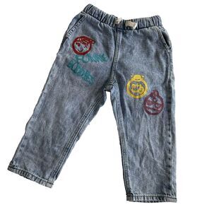 Zara Kids Graphic Light Wash Relaxed Jeans Elastic Waist Draw String Size18m-24M